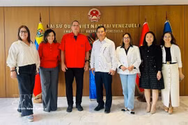 La direction du PSUV avec l'ambassadeur Vu Trung My (quatrième à partir de la droite) et des représentants de l'ambassade du Vietnam au Venezuela. Photo : VNA
