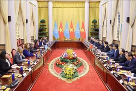 Lors de l'entretien entre le secrétaire général de l’ONU Antonio Guterres et le président Luong Cuong. Photo : VNA