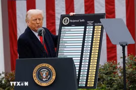Le président américain Donald Trump annonce de nouveaux droits de douane réciproques à la Maison Blanche le 2 avril. (Photo : Reuters/VNA)