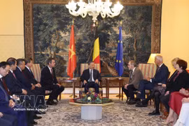 Le secrétaire général du Parti communiste du Vietnam et président de la République, To Lam, a eu une entrevue avec les présidents des deux chambres du Parlement fédéral belge, Vincent Blonde (gauche) et Peter De Roover (droite). Photo : VNA