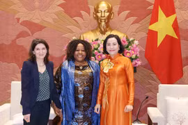 La vice-présidente de l’Assemblée nationale, Nguyên Thi Thanh, a reçu mardi, 4 mars, à Hanoï Caroline Nyamayemombe,, eprésentante en chef de l’ONU Femmes au Vietnam, et Michaela Bauer, représentante adjointe de l’UNICEF au Vietnam. Photo : VNA
