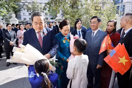 Lee président de l’Assemblée nationale Trân Thanh Mân et son épouse Nguyên Thi Thanh Nga rencontrent la communauté vietnamienne en Mongolie. Photo : VNA