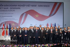 Le secrétaire général du Parti et président de la République, To Lam, et le roi du Danemark, Frederik X, aux côtés des délégués et des représentants des entreprises des deux pays. Photo : VNA