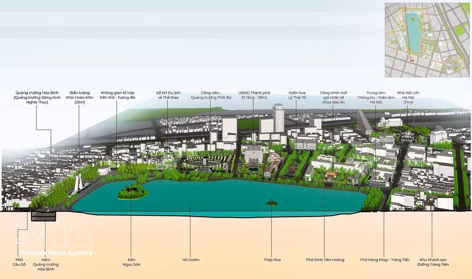 Vue en coupe du projet d’aménagement paysager du lac Hoan Kiem et de ses environs. Photo : VNA