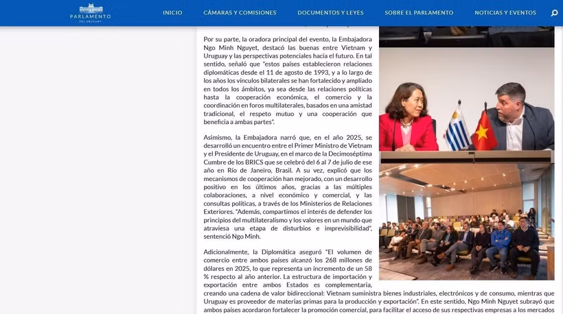 Le portail officiel du Parlement uruguayen. Photo : VNA