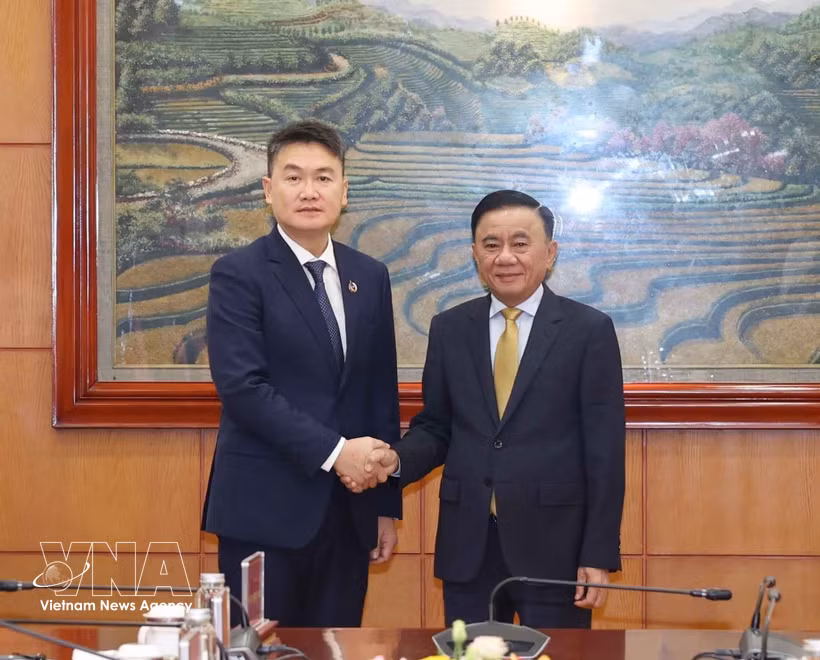 Le permanent du Secrétariat Tran Cam Tu (droite) reçoit le chef de l’Union de la jeunesse populaire révolutionnaire lao, Thongly Sisoulith. Photo: VNA