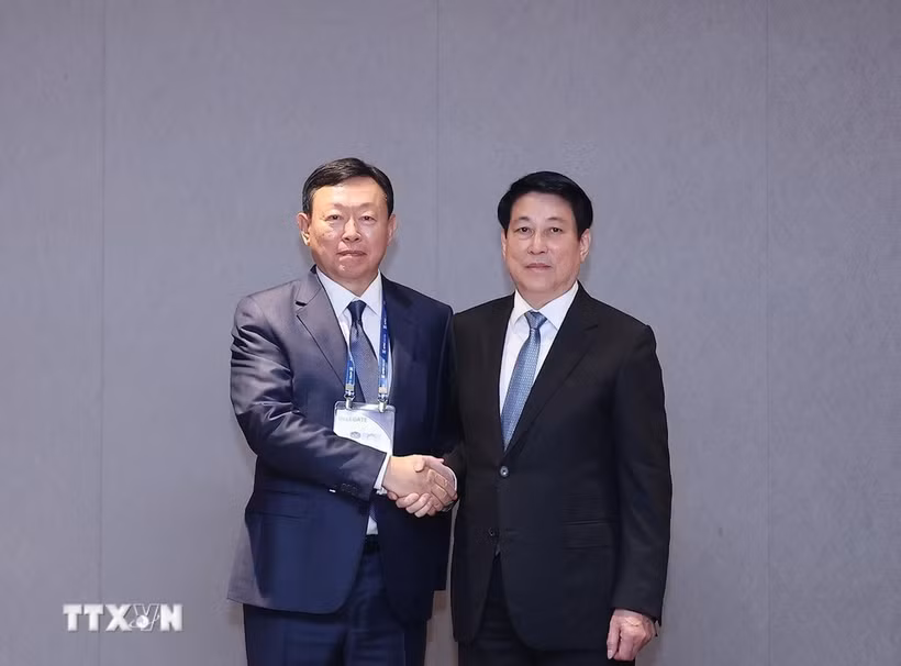 Le président vietnamien Luong Cuong (droite) reçoit le président du groupe Lotte, Shin Dong-bin. Photo: VNA