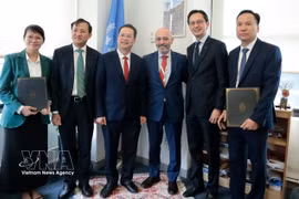 Le président du Comité populaire de la ville de Dà Nang, Nguyên Manh Hung (troisième à partir de la gauche), lors d'une réunion avec des dirigeants du PNUD à New York. Photo : VNA