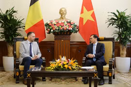 Le vice-Premier ministre et ministre des Affaires étrangères, Bui Thanh Son (à droite) et le vice-Premier ministre belge et ministre des Affaires étrangères, des Affaires européennes et de la Coopération au développement, Maxime Prévot, à Hanoi, le 31 mars. Photo: VNA