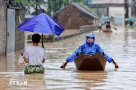 Des habitants de la commune de Quang Bi, à Hanoi, se retrouvent contraints d'utiliser de petites embarcations de fortune pour assurer leurs déplacements quotidiens. Photo: VNA