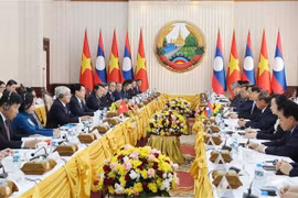 Entrevue entre le président vietnamien Luong Cuong et le Premier ministre lao Sonexay Siphandone, à Vientiane, le 25 avril. Photo : VNA