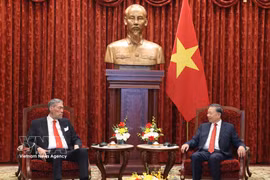 Le secrétaire général du Parti communiste du Vietnam et président vietnamien Tô Lâm (à droite) et le secrétaire général du Mouvement de la gauche unie (MIU) de la République dominicaine, Miguel Mejía, à Hanoi, le 26 octobre. Photo : VNA