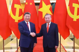 Le secrétaire général du Comité central du Parti communiste du Vietnam (PCV), Tô Lâm (à droite) et le secrétaire général du Comité central du Parti communiste chinois (PCC) et président chinois, Xi Jinping, à Hanoi, le 14 avril. Photo: VNA