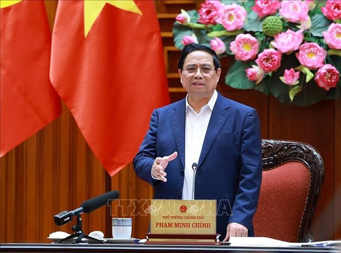 Le Premier ministre Pham Minh Chinh s'exprime lors de la réunion. Photo : VNA