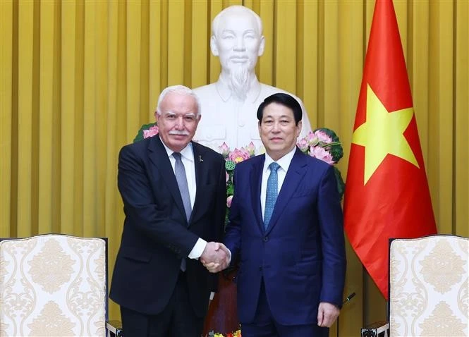 Le président Luong Cuong (droite) et le professeur Riad Malki, envoyé spécial du président palestinien, en visite de travail au Vietnam. Photo : VNA