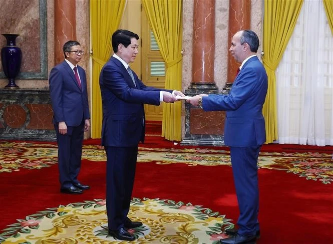 L’ambassadeur de Cuba Rogelio Polanco Fuentes (droite) et le président de la République Luong Cuong. Photo : VNA