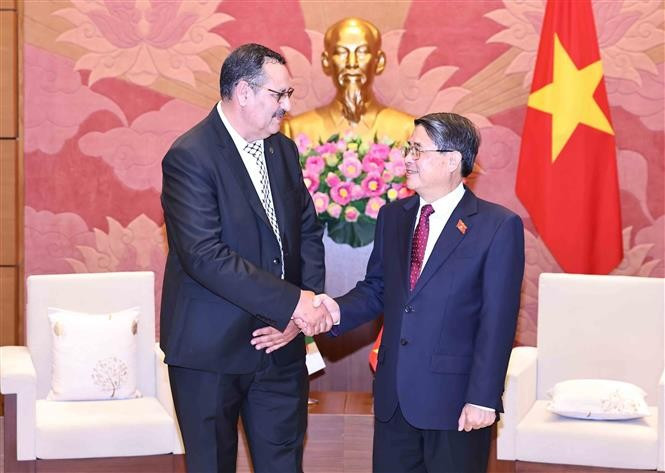 Le vice-président de l'Assemblée nationale (AN) du Vietnam Nguyen Duc Hai (à droite) et le président du groupe des parlementaires d'amitié Algérie-Vietnam Salah Djegloul. Photo : VNA