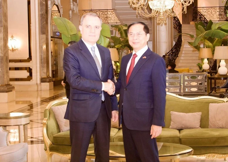 Le vice-Premier ministre et ministre des Affaires étrangères du Vietnam, Bui Thanh Son (à droite), et le chef de la diplomatie azerbaïdjanaise, Djeyhoun Baïramov. Photo : baochinhphu.vn