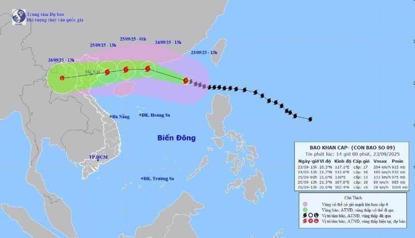 Trajectoire du super typhon Ragasa à 16 heures, le 23 septembre. Photo : VNA