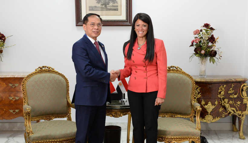 Le vice-Premier ministre et ministre des Affaires étrangères du Vietnam, Bui Thanh Son rencontre le 5 août Rania A. Al-Mashat, ministre égyptienne de la Planification, du Développement économique et de la Coopération internationale, également présidente de la partie égyptienne du Comité mixte Vietnam–Égypte. Photo : VNA