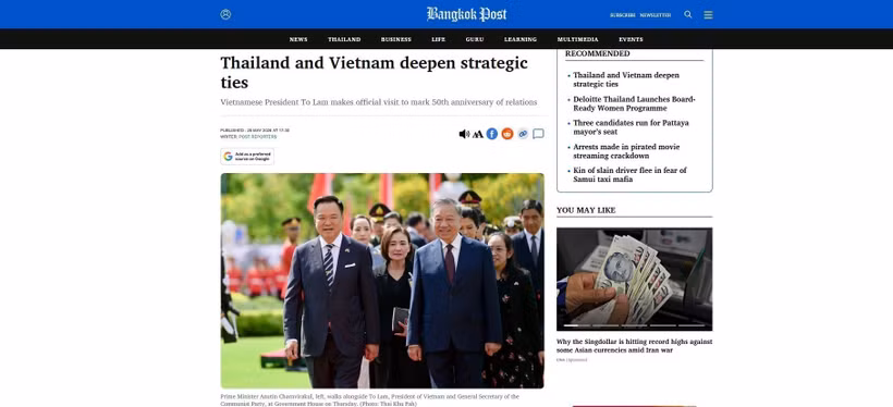 Bangkok News rapporte : « La Thaïlande et le Vietnam renforcent leurs relations stratégiques.» Photo : VNA