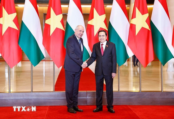 Dans l'après-midi du 28 mai 2025, à Hanoï, le président de l'Assemblée nationale du Vietnam, Tran Thanh Man (à droite) rencontre le président hongrois Sulyok Tamas en visite officielle au Vietnam. Photo : VNA