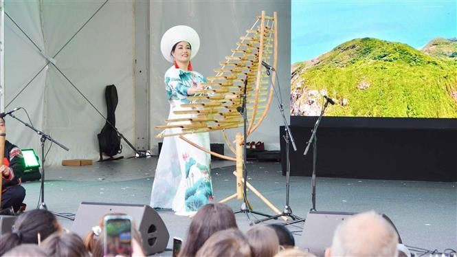 Un numéro de représentation de xylophone de bambou T’rưng à l'événement. Photo : VNA