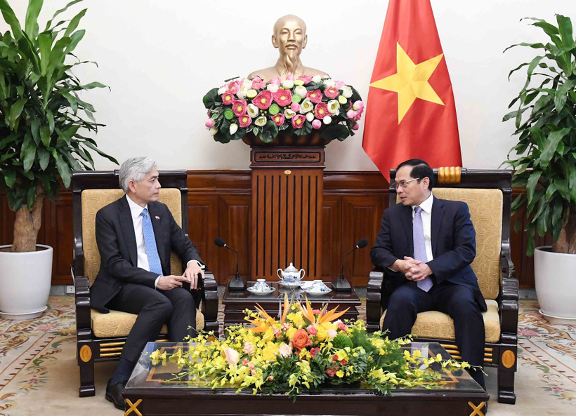 Le vice-Premier ministre et ministre des Affaires étrangères (AE) du Vietnam, Bùi Thanh Son (à droite) reçoit Albert Chua, secrétaire permanent du ministère des Affaires étrangères de Singapour, le 26 août, à Hanoï. Photo : VNA