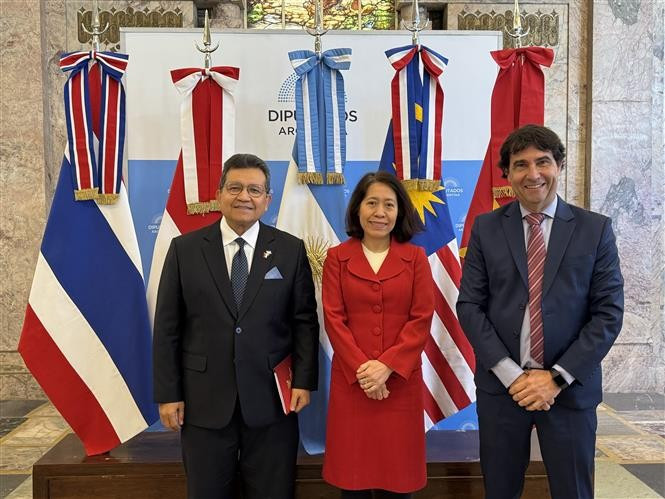 L'ambassadrice du Vietnam en Argentine Ngo Minh Nguyet, l'ambassadeur indonésien Sulaiman Syarif et le président de la Chambre de commerce Mercosur-ASEAN (MACC) Rodolfo Caffaro, lors du séminaire. Photo : VNA