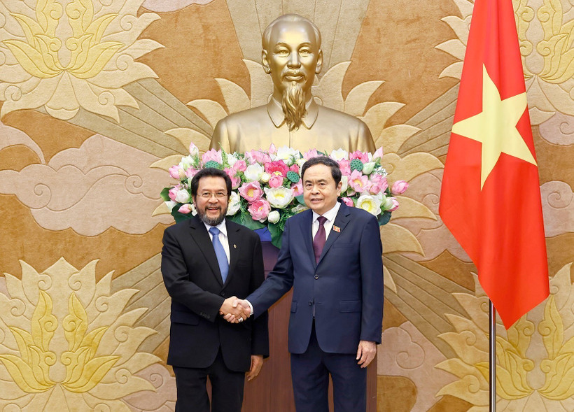 Le président de l’Assemblée nationale du Vietnam, Trân Thanh Mân (droite), rencontre à Hanoï le vice-président du Conseil des représentants régionaux d’Indonésie (chambre haute), Yorrys Raweyai. Photo : VNA