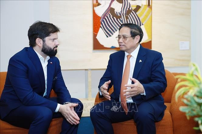 Le Premier ministre Pham Minh Chinh (droite) rencontre e président chilien Gabriel Boric Font, à Rio de Janeiro. Photo : VNA