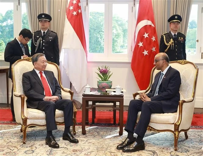 Le secrétaire général du Comité central du PCV To Lam (gauche) a eu le 12 mars à Singapour une entrevue avec le président singapourien Tharman Shanmugaratnam. Photo : VNA