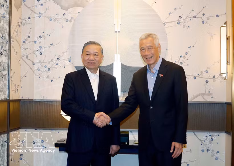 Le secrétaire général du Parti communiste du Vietnam et président vietnamien To Lam (droite) rencontre à Singapour Lee Hsien Loong, ministre d’État senior et conseiller de haut rang du Parti d’action populaire. Photo : VNA