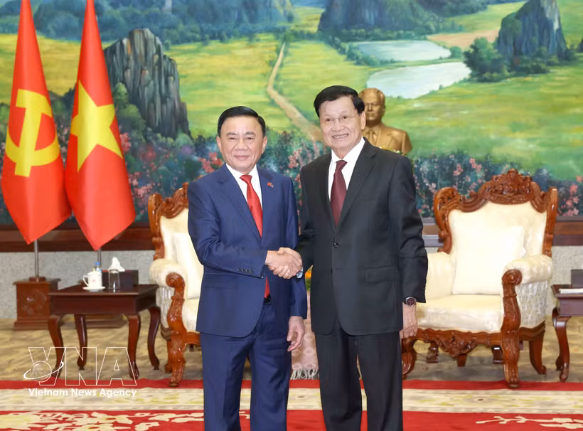 Tran Cam Tu (gauche), membre du Bureau politique et permanent du Secrétariat du Parti communiste du Vietnam et le secrétaire général du Parti populaire révolutionnaire du Laos et président du Laos, Thongloun Sisoulith à Vientiane. Photo : VNA 