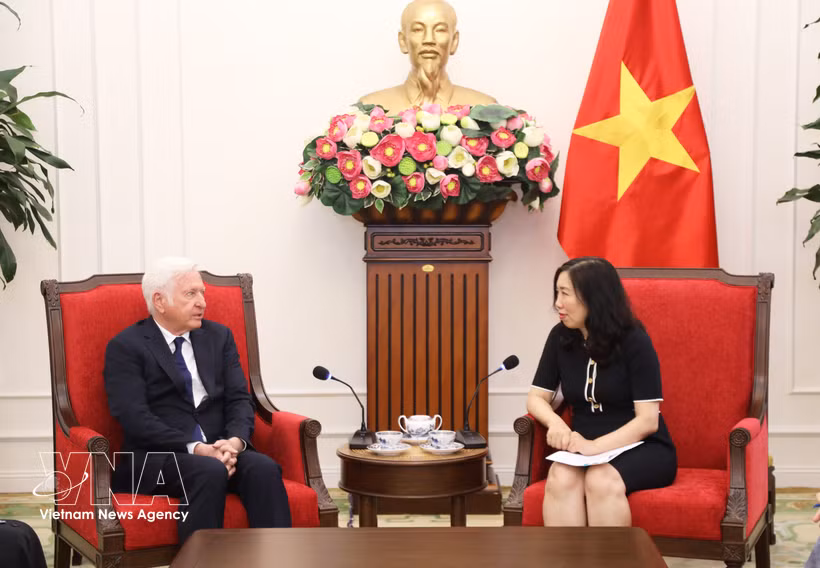 La vice-ministre des Affaires étrangères Le Thi Thu Hang et le consul honoraire du Vietnam en Irlande, Patrick McKillen, à Hanoï. Photo : VNA