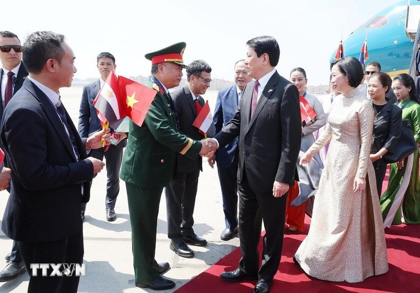 Le président Luong Cuong et son épouse arrivent au Caire pour une visite en Égypte. Photo : VNA