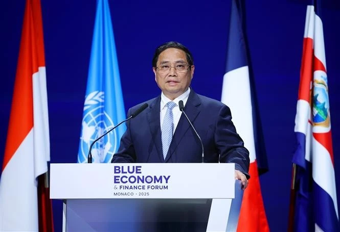 Le Premier ministre Pham Minh Chinh prononce un discours important lors de la séance plénière sur la gouvernance et le financement durables des océans. Photo : VNA