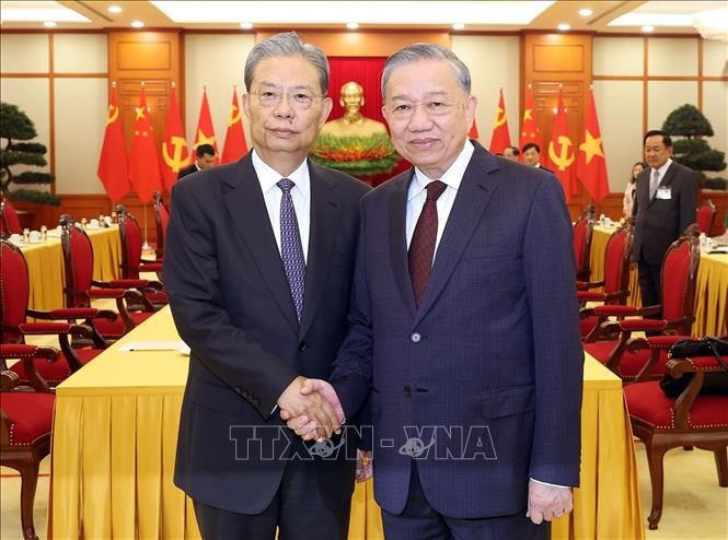 Le secrétaire général du Parti communiste du Vietnam, Tô Lâm (droite) rencontre à Hanoï, Zhao Leji, membre du Comité permanent du Bureau politique et président du Comité permanent de l’Assemblée nationale populaire de Chine. Photo : VNA