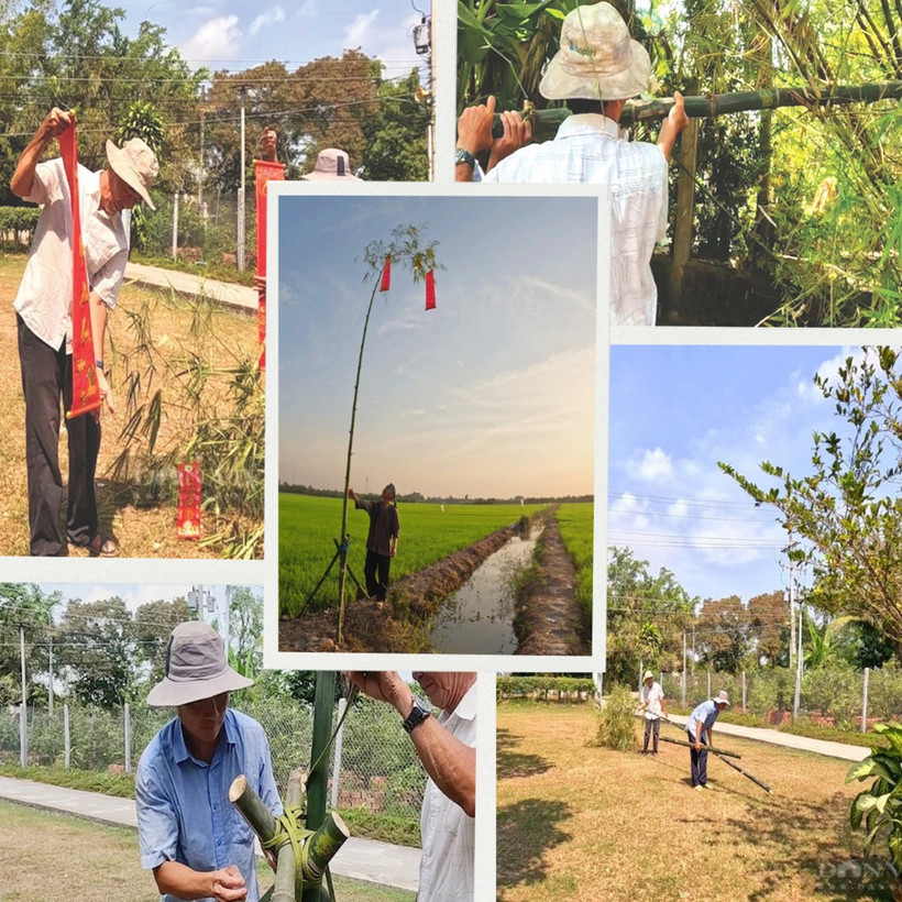 Huynh Công Ly (chemise blanche) et sa famille perpétuent la tradition d’ériger le mât rituel depuis plus de 50 ans. Photo : CVN