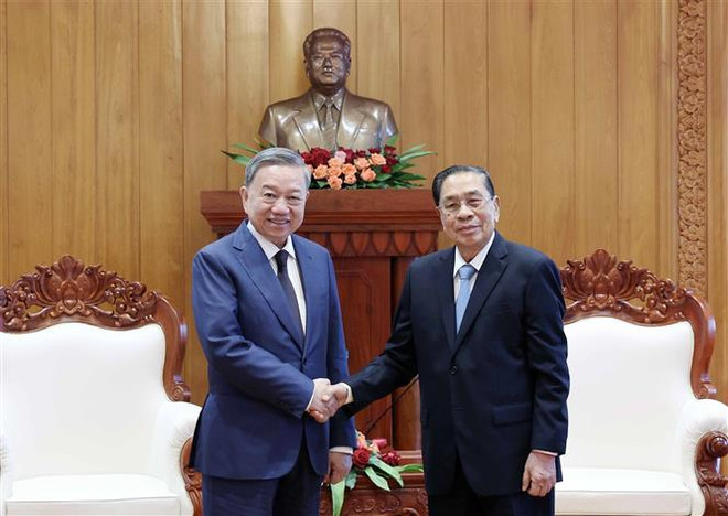Le président To Lam (gauche) et l'ancien secrétaire général du Parti populaire révolutionnaire du Laos (PPRL) et ancien président du Laos Choummaly Sayasone. Photo: VNA vna_potal_chu_tich_nuoc_to_lam_gap_nguyen_tong_bi_thu_chu_tich_nuoc_lao_choummaly_sayasone_7477003.jpg