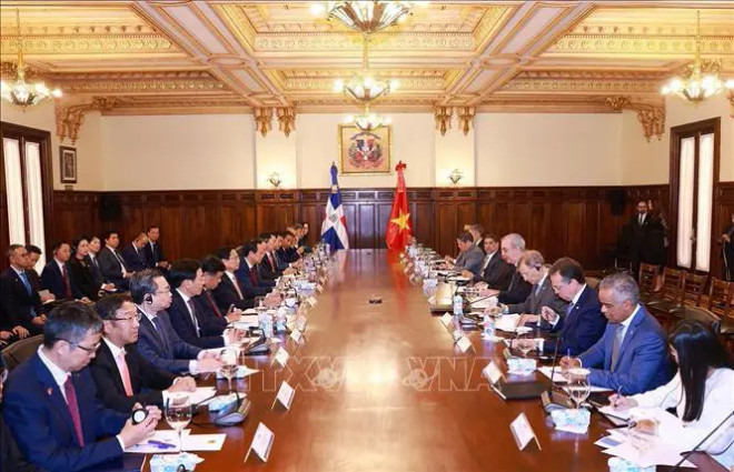 Lors de l'entretien entre le Premier ministre Pham Minh Chinh et le président Luis Abinader Corona. Photo : VNA 3.jpg