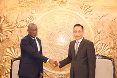Lê Hoai Trung (droite), chef de la Commission centrale des relations extérieures du PCV, et Sahy Claude Soumahoro, secrétaire exécutif adjoint en charge de la Communication et de la Propagande du RHDP. Photo: VNA