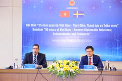 Le directeur du Département des affaires européennes, Bui Hà Nam (gauche) et l’ambassadeur de Suède au Vietnam, Son Johan Ndisi, président le séminaire. Photo: VNA