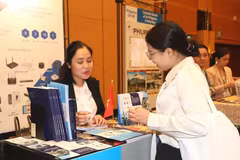 Vu Thi Thuy, consule générale adjointe du Vietnam et cheffe du Bureau commercial du Vietnam à Hong Kong et à Macao (Chine), présente des potentiels du Vietnam à une visiteuse. Photo: VNA