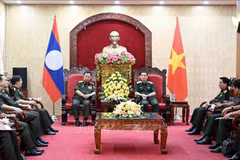 Le ministre de la Défense, Phan Van Giang (droite), et le vice-Premier ministre lao et ministre de la Défense, Chansamone Chanyalath. Photo: VNA