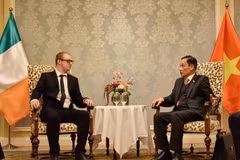 Le secrétaire du Comité central du Parti communiste du Vietnam et chef de sa Commission des relations extérieures, Le Hoai Trung (droite) et le secrétaire international du Parti communiste d'Irlande, Graham Harrington, Photo : VNA