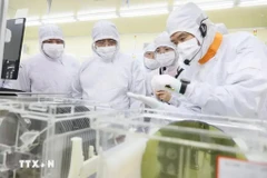 Le Premier ministre Pham Minh Chinh visite la ligne de production de puces semi-conductrices de Hana Micro Vina Co., Ltd. Photo: VNA