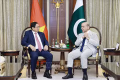 Le Premier ministre Pham Minh Chinh (gauche) rencontre son homologue pakistanais Shehbaz Sharif. Photo: VNA