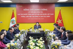 Le président vietnamien Luong Cuong (centre) lors de sa séance de travail avec avec Viettel Peru S.A.C (Bitel), à Lima. Photo : VNA