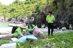 Des bénévoles participent à la collecte des déchets à la baie de Ha Long